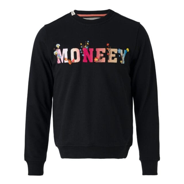 Kadın Siyah Renkli Nakışlı “MONEEY” Yazılı Sweatshirt – Çiçek Detaylı – Şık Tasarım